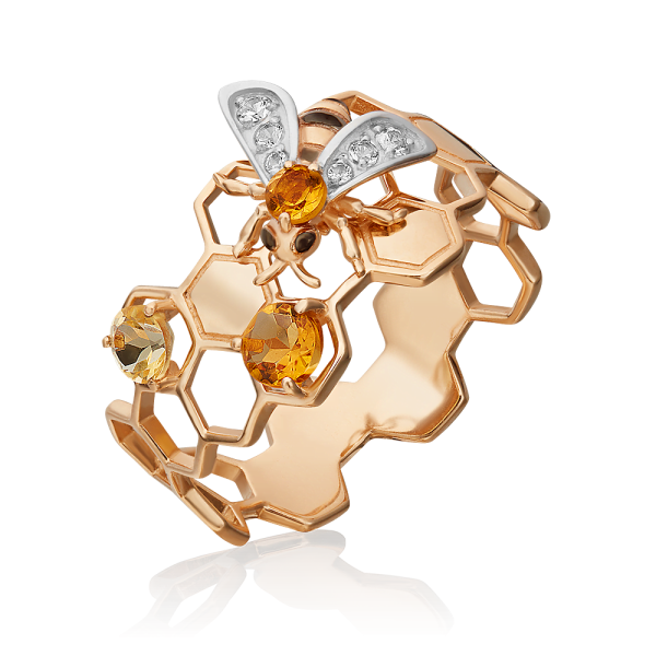 Золотое кольцо «Пчела на сотах» c цитринами и натуральными топазами white