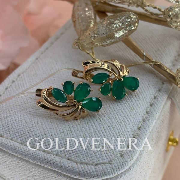 Серьги из золота 585 пробы с зеленым Агатом