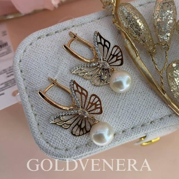 Серьги "Бабочки" из красного золота с горным хрусталем, жемчугом и фианитами