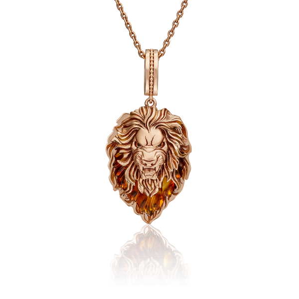 Золотая подвеска «Лев» с янтарём и эмалью