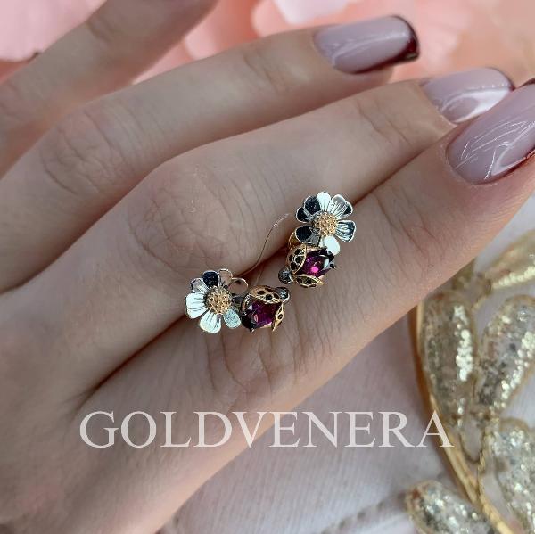 Серьги-пусеты "Драгоценный сад" с гранатом и эмалью