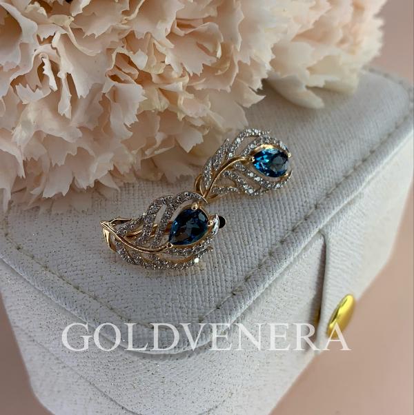 Серьги "Перья" из красного золота 585 пробы с Топазом Лондон