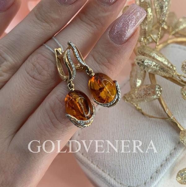 Серьги из красного золота с янтарем и фианитами