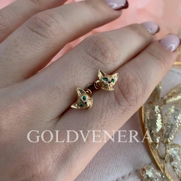 Серьги-пусеты "Абиссинские кошки" из золота с эмалью