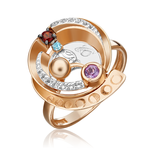 Золотое кольцо «Парад планет» c гранатом, аметистом, топазом и натуральными топазами white