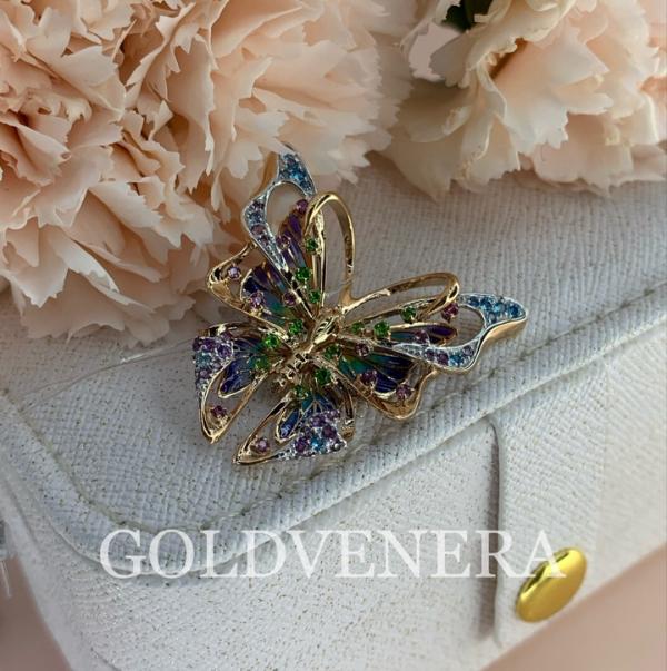 Подвеска "Махаон" из красного золота с миксом камней и эмалью