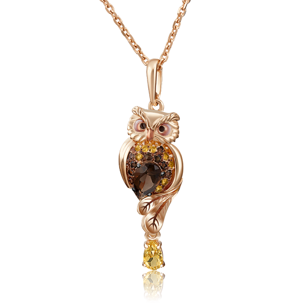 Золотая подвеска «Сова» c кварцем дымчатым, цитринами и эмалью
