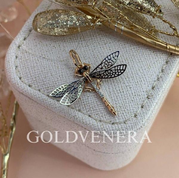 Подвеска "Стрекоза" из комбинированного золота с фианитами