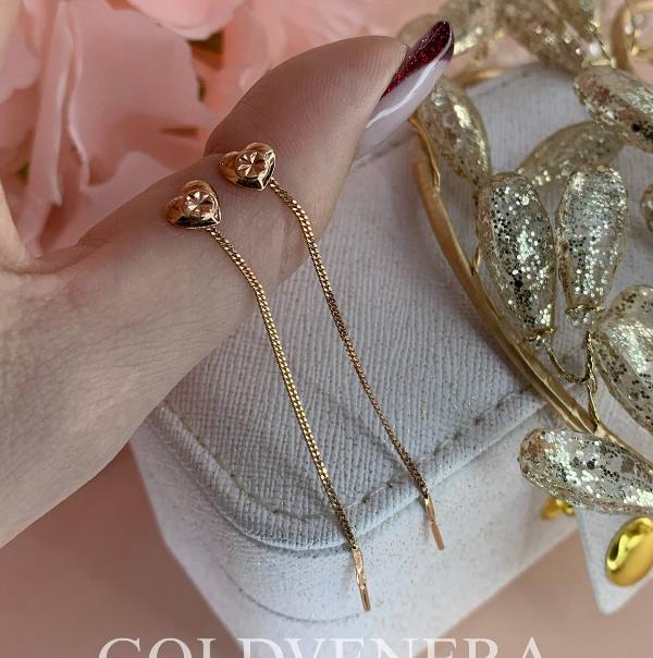 Серьги протяжки "Сердца" из красного золота 