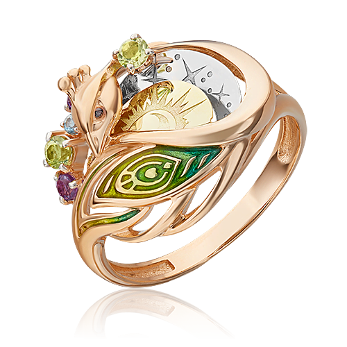 Золотое кольцо «Преображение» с хризолитами, аметистами, топазом и эмалью