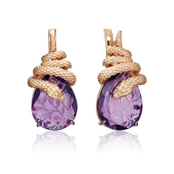Золотые серьги Змея с аметистом