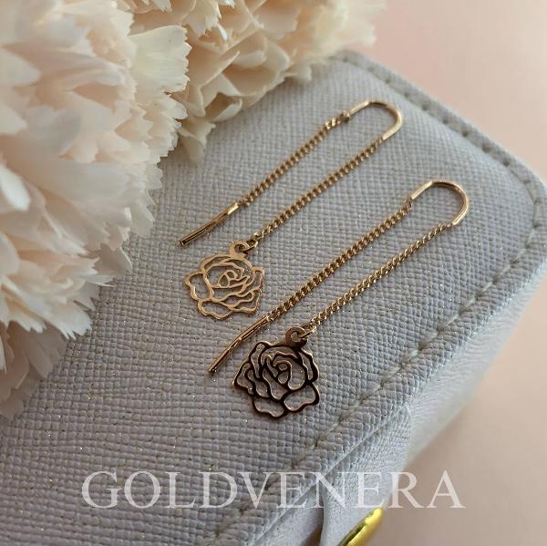 Серьги-протяжки "Розы" из красного золота