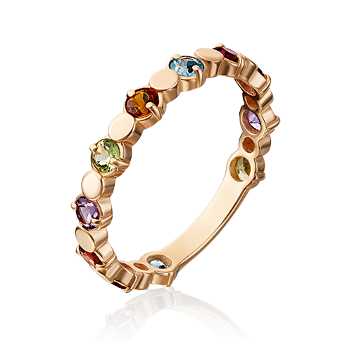 Золотое кольцо с хризолитом, гранатами, цитрином, топазами и аметистом