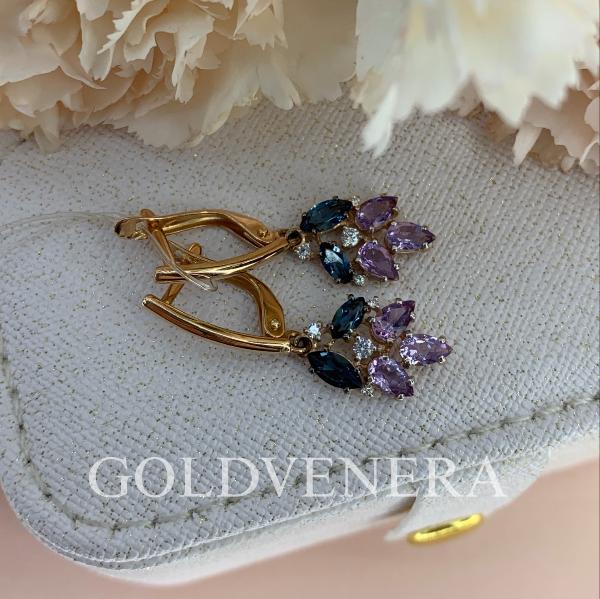 Серьги на английском замке из золота с Топазом Лондон и Аметистом