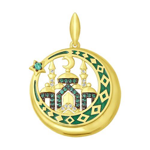 Подвеска мусульманская из желтого золота с эмалью с бесцветными и зелеными фианитами