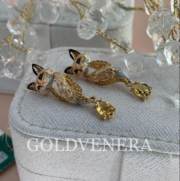 Серьги "Лисицы" из красного золота с цитринами и эмалью