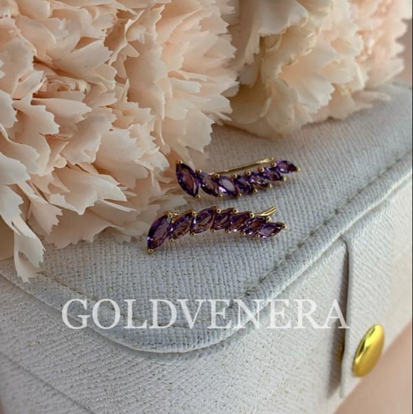 Серьги-каффы из красного золота 585 пробы с Аметистом