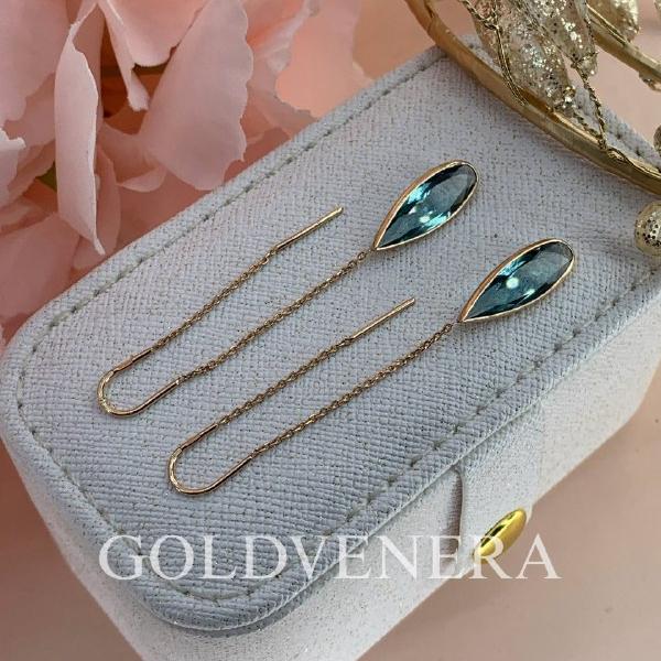 Серьги-протяжки из красного золота с Аквамарином