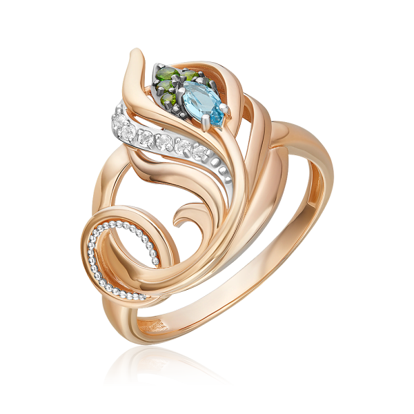 Золотое кольцо «Секрет счастья» с топазом, хромдиопсидами и натуральными топазами white