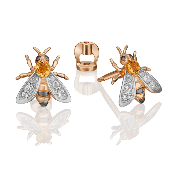 Золотые серьги-пусеты «Пчёлы» c цитрином и натуральными топазами white