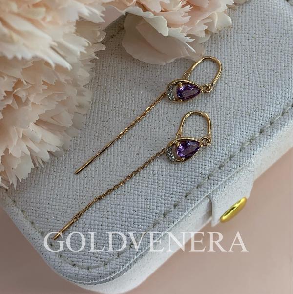 Серьги-протяжки из красного золота 585 пробы с Аметистом и Бриллиантами