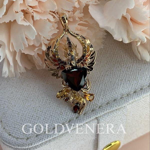 Подвеска "Феникс" из красного золота с гранатами, цитринами и эмалью