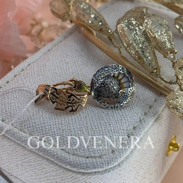 Брошь "Одуванчик" с эмалью и фианитами из золота